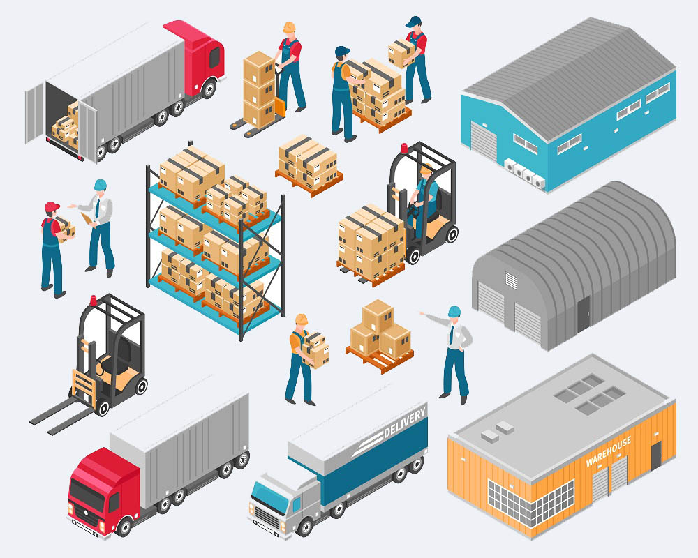 Isolated isometric warehouse logistic icon set with warehouse building trucks and cargo vector illustration